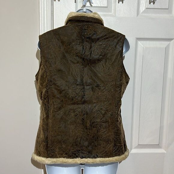 Woolrich Saddle Brown‎ Leaf Embroidered Faux Sherpa Lined Vest Jacket Sz M - Picture 3 of 12